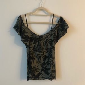 Old Navy Cold Shoulder Top Green Floral Leaf Med